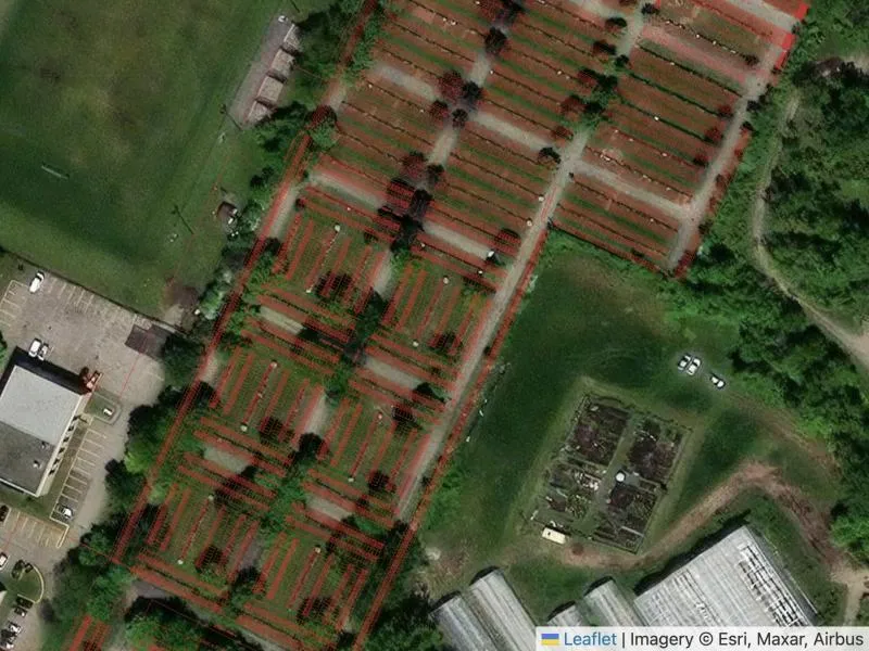 Close-up: the plan's rows of plots sitting on the actual rows of headstones